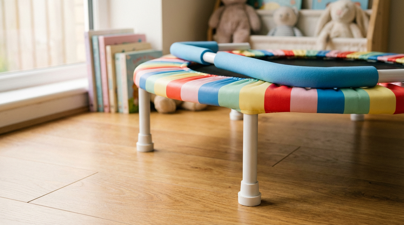 Close-up of a Fisher-Price style padded toddler trampoline in a British playroom