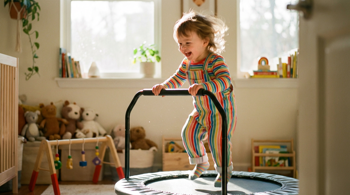 Toddler bouncing on a mini trampoline in a sunny British nursery