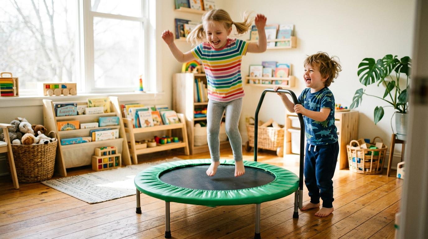Two children taking turns on a junior trampoline indoors