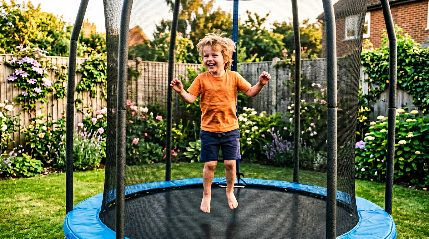 Child jumping inside a 4.5 ft safety net trampoline in a garden