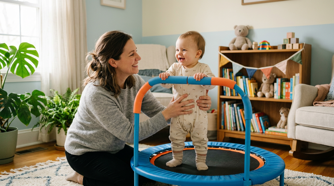Parent helping a baby stand on an indoor toddler trampoline