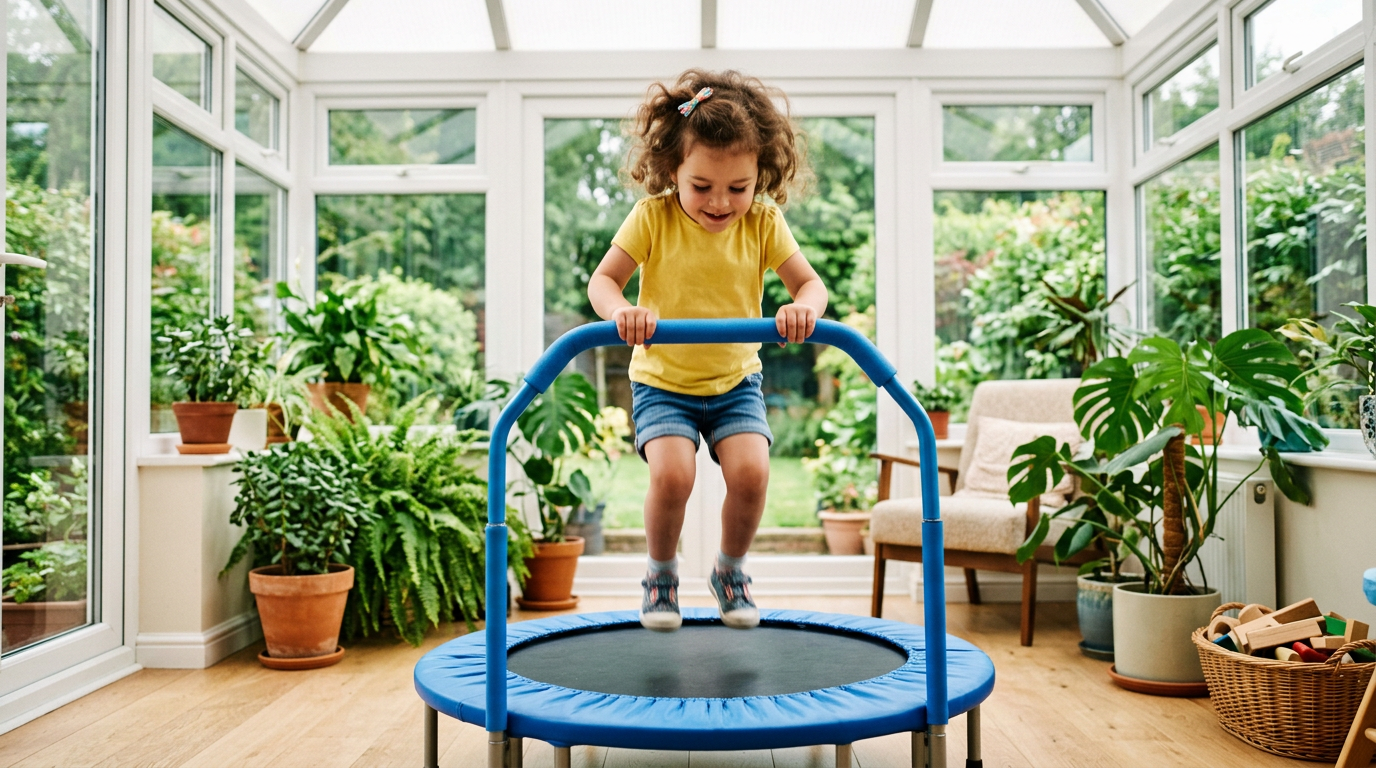 Preschooler mid-bounce on a 3 ft indoor mini trampoline