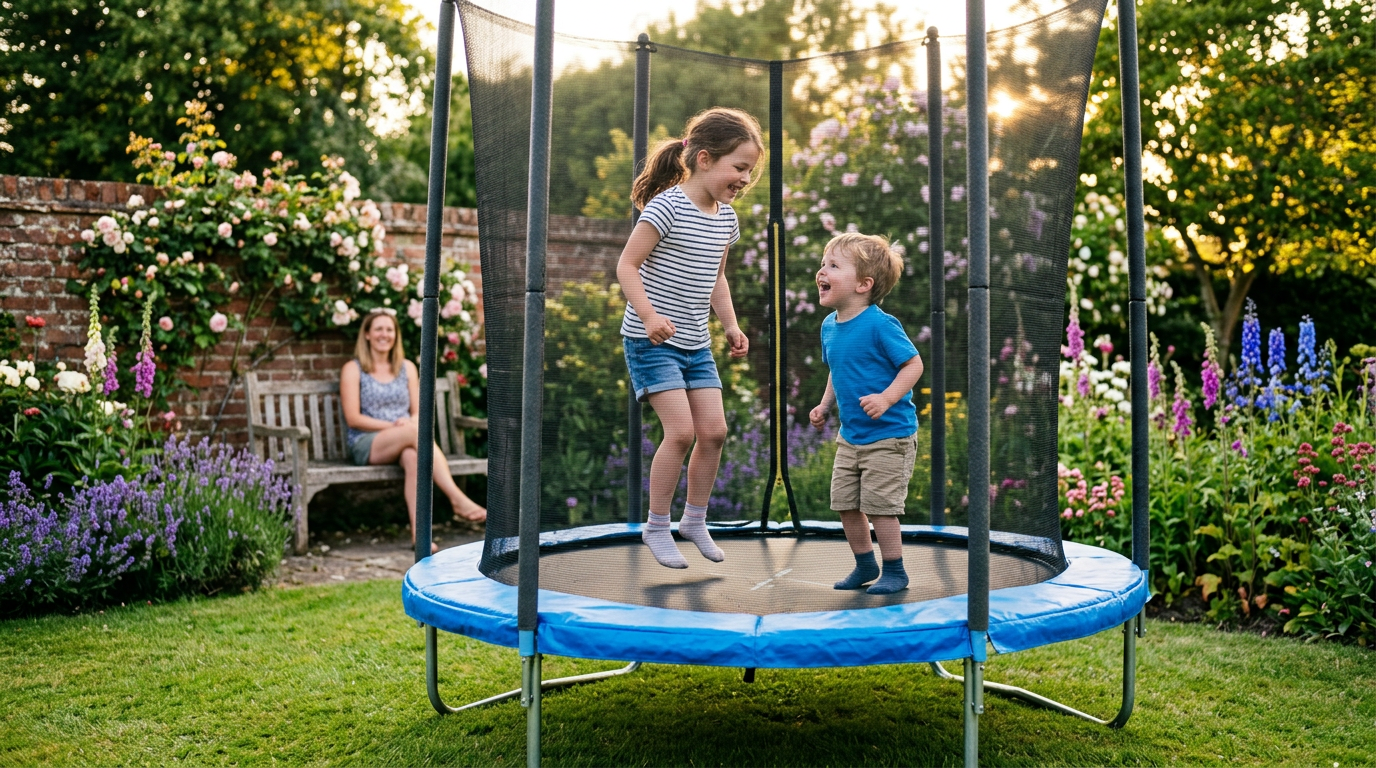 Cousins playing together on an outdoor safety-net trampoline