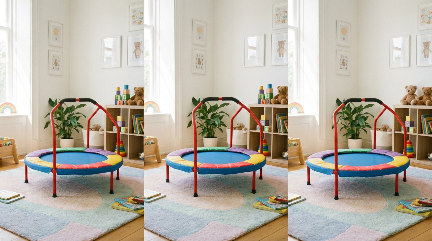 Colourful playroom with a toddler trampoline in a British home
