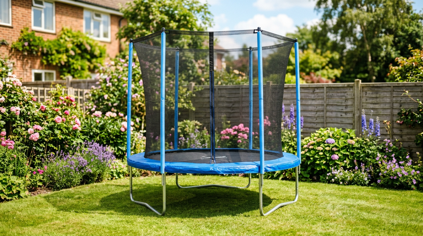 4.5 ft outdoor trampoline with safety net in a British garden