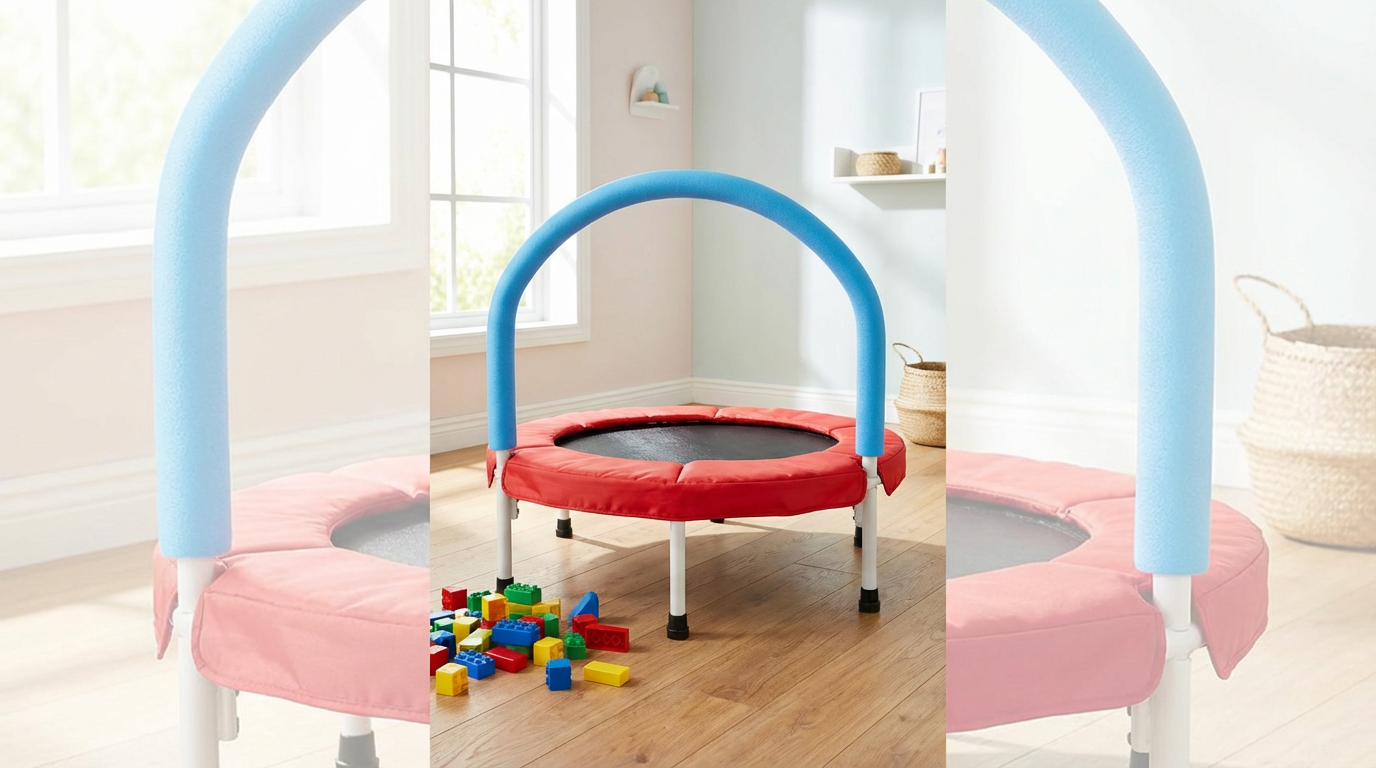 Fisher-Price style toddler mini trampoline in a bright British playroom