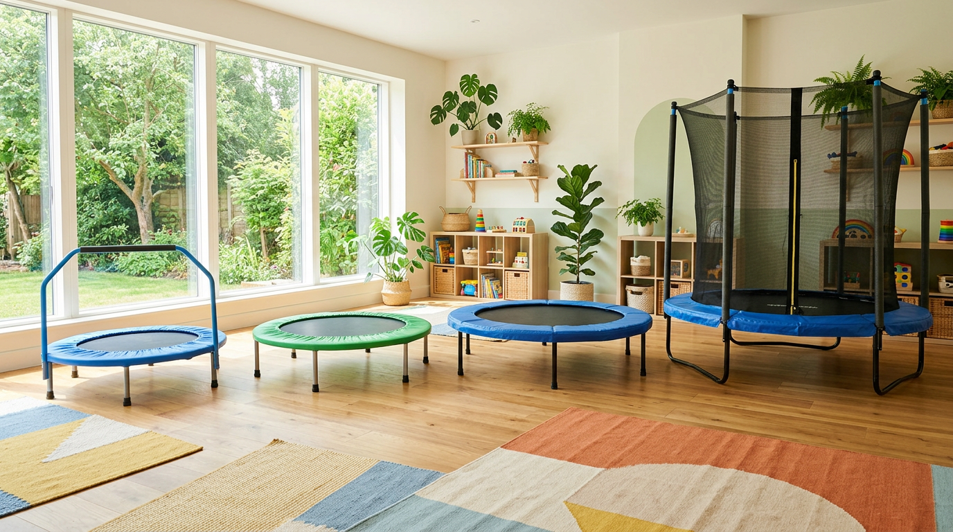 The four main Fisher-Price trampoline sizes displayed side by side